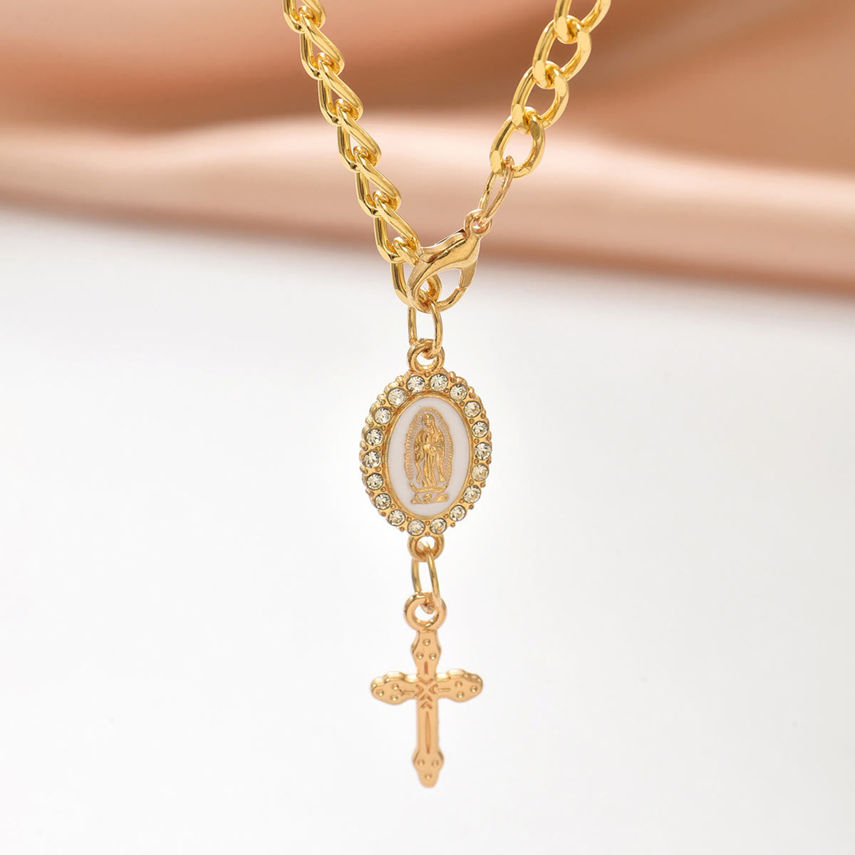 Virgin Mary Car Pendant with Cross & Pearls — Christian Jewelry