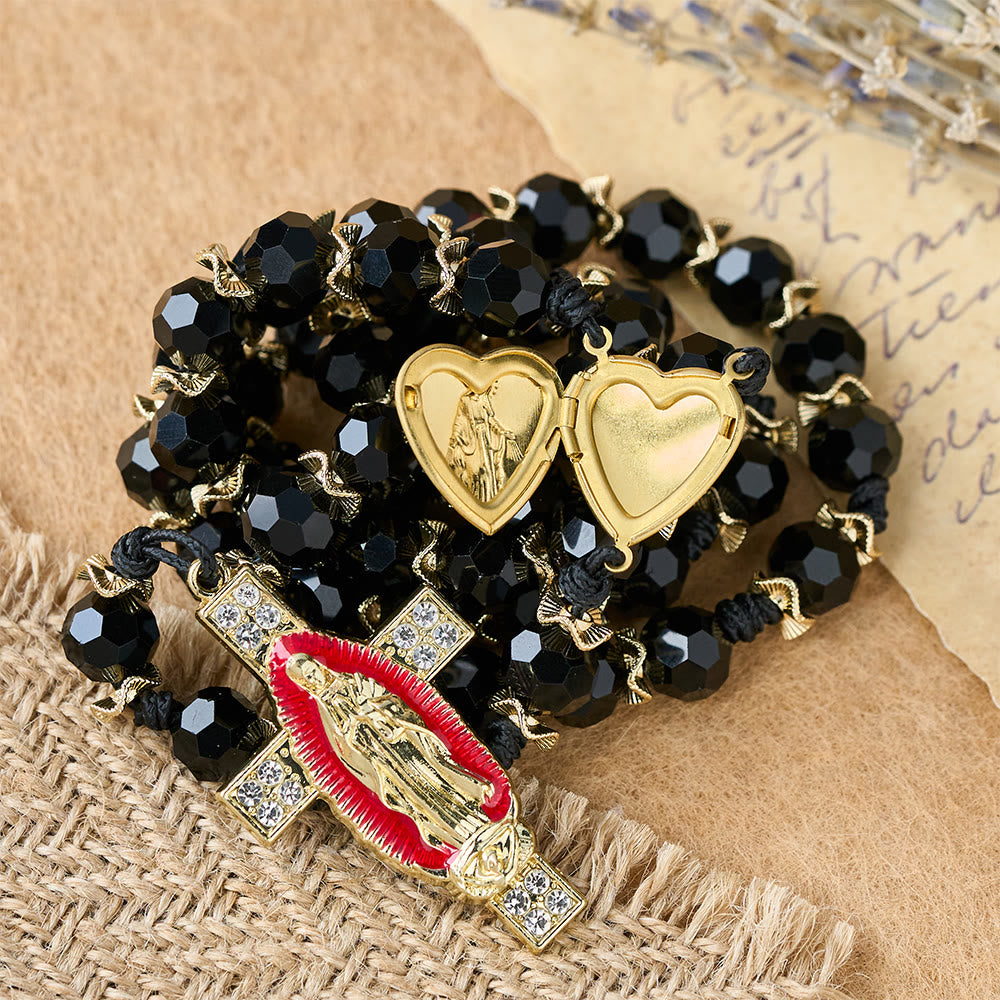 Christianartworkshop Elegant Black Faceted Glass Rosary with Our Lady Red Enamel Cross - image 1