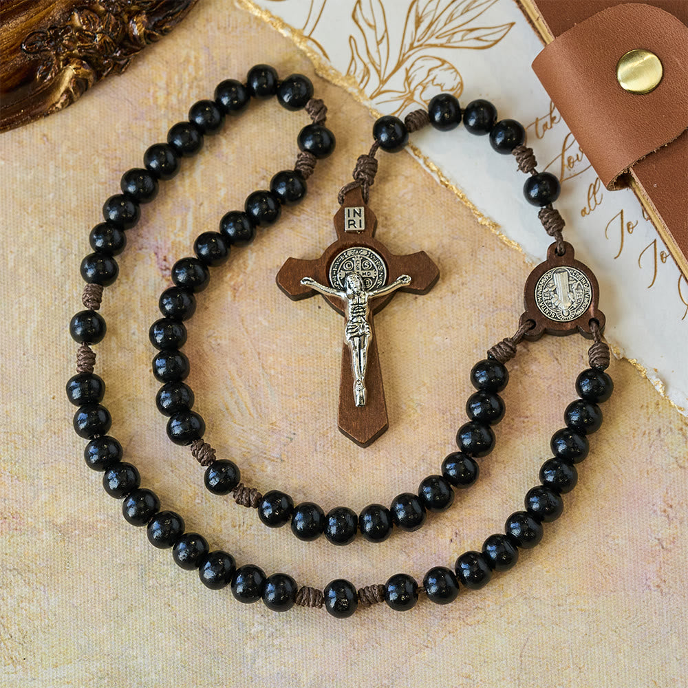 Christianartworkshop Vintage Black Wood Rosary with St. Benedict Protection - image 1