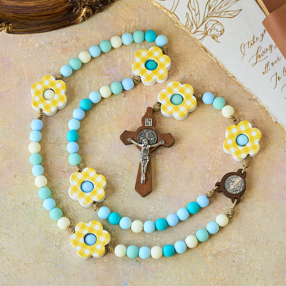 FREE Today: Pastel Gradient Easter Rosary with Plaid Flower & St. Benedict Medal - image 1
