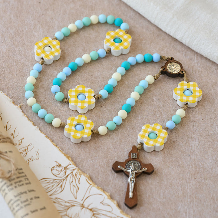 FREE Today: Pastel Gradient Easter Rosary with Plaid Flower & St. Benedict Medal - Easter Rosary - image 0