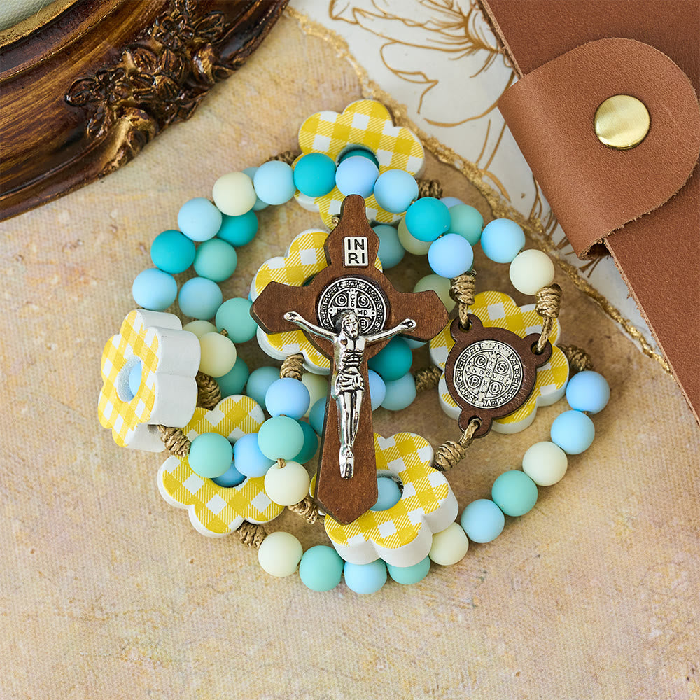 Christianartworkshop Pastel Gradient Easter Rosary with Plaid Flower & St. Benedict Medal - image 4
