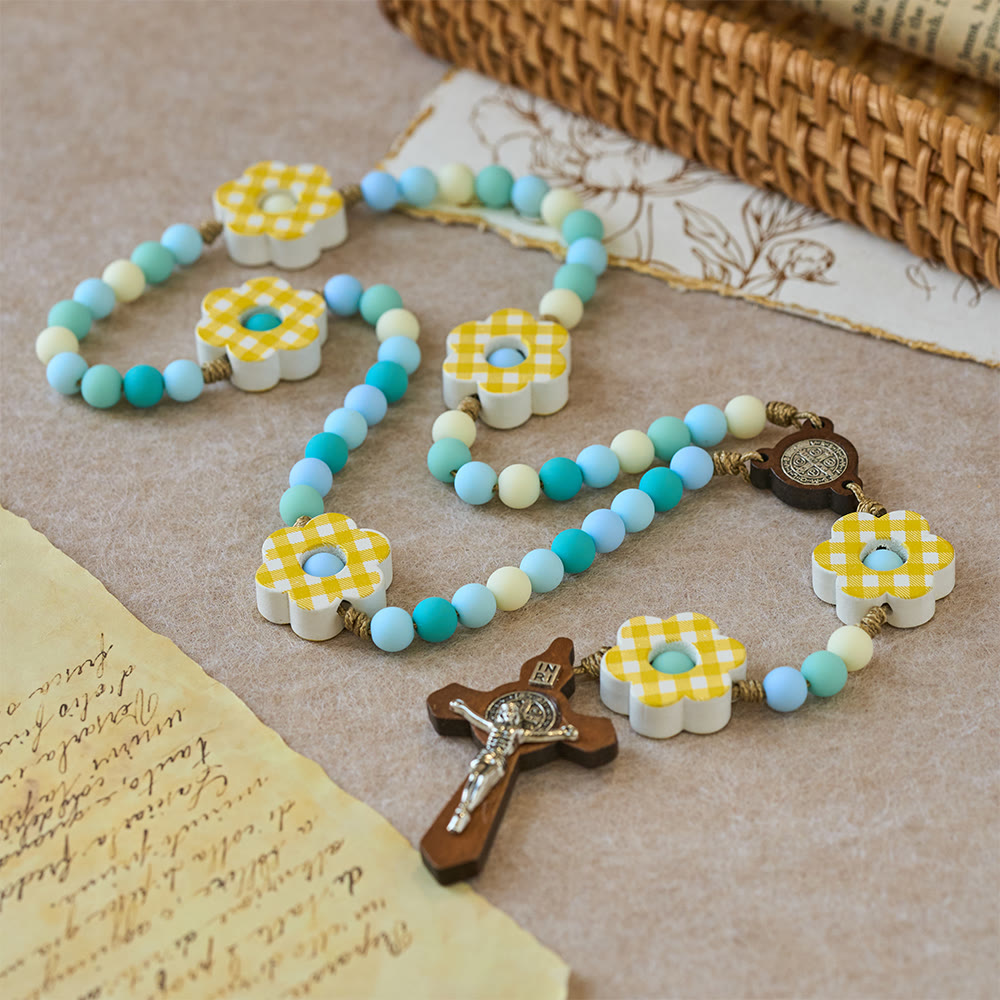 Christianartworkshop Pastel Gradient Easter Rosary with Plaid Flower & St. Benedict Medal - image 2