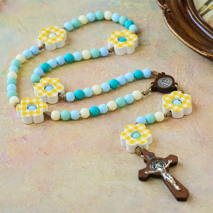 Christianartworkshop Pastel Gradient Easter Rosary with Plaid Flower & St. Benedict Medal - image 3