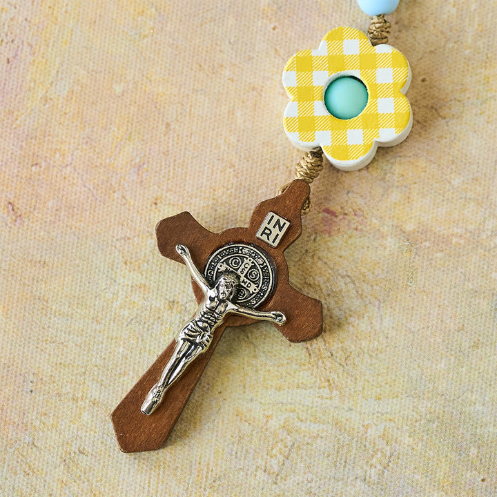 Christianartworkshop Pastel Gradient Easter Rosary with Plaid Flower & St. Benedict Medal - image 6
