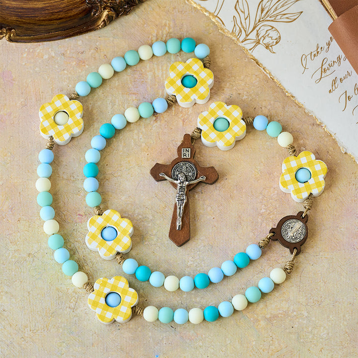 Christianartworkshop Pastel Gradient Easter Rosary with Plaid Flower & St. Benedict Medal - image 1