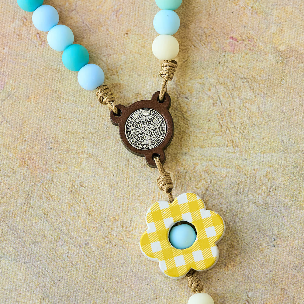 Christianartworkshop Pastel Gradient Easter Rosary with Plaid Flower & St. Benedict Medal - image 7