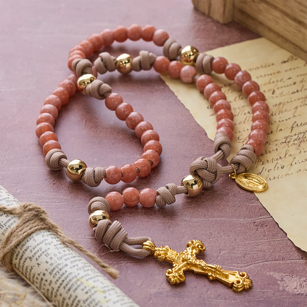 Christianartworkshop Pink Beads Paracord Rosary with Our Lady & Golden Crucifix - Our Lady & Crucifx - image 0
