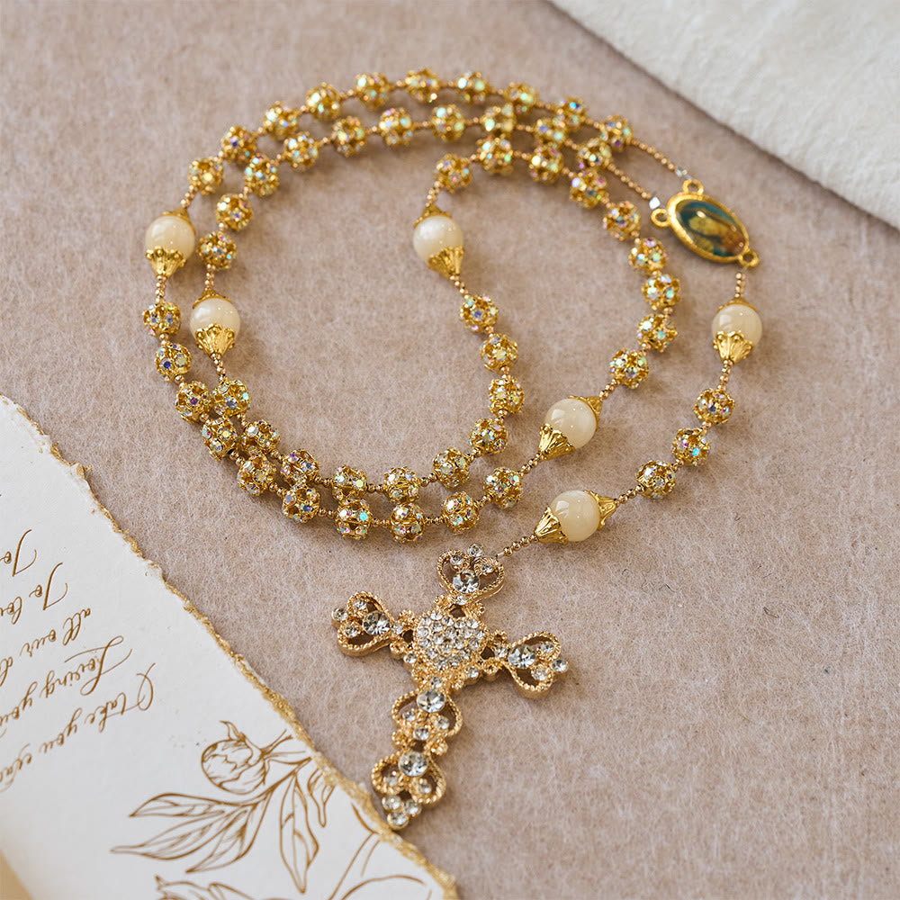 Christianartworkshop Sparkling Golden Beads Luxury Rosary with Our Lady of Grace - Golden - image 0