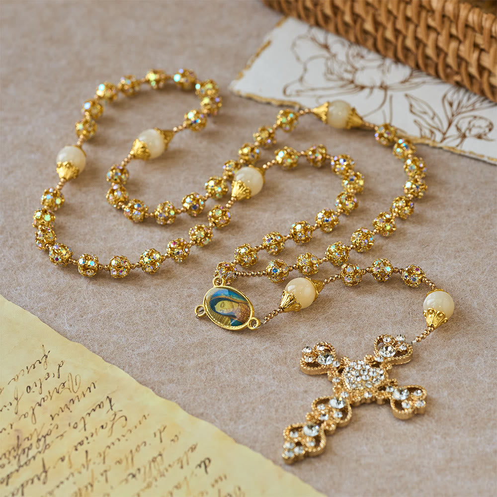 Christianartworkshop Sparkling Golden Beads Luxury Rosary with Our Lady of Grace - image 2