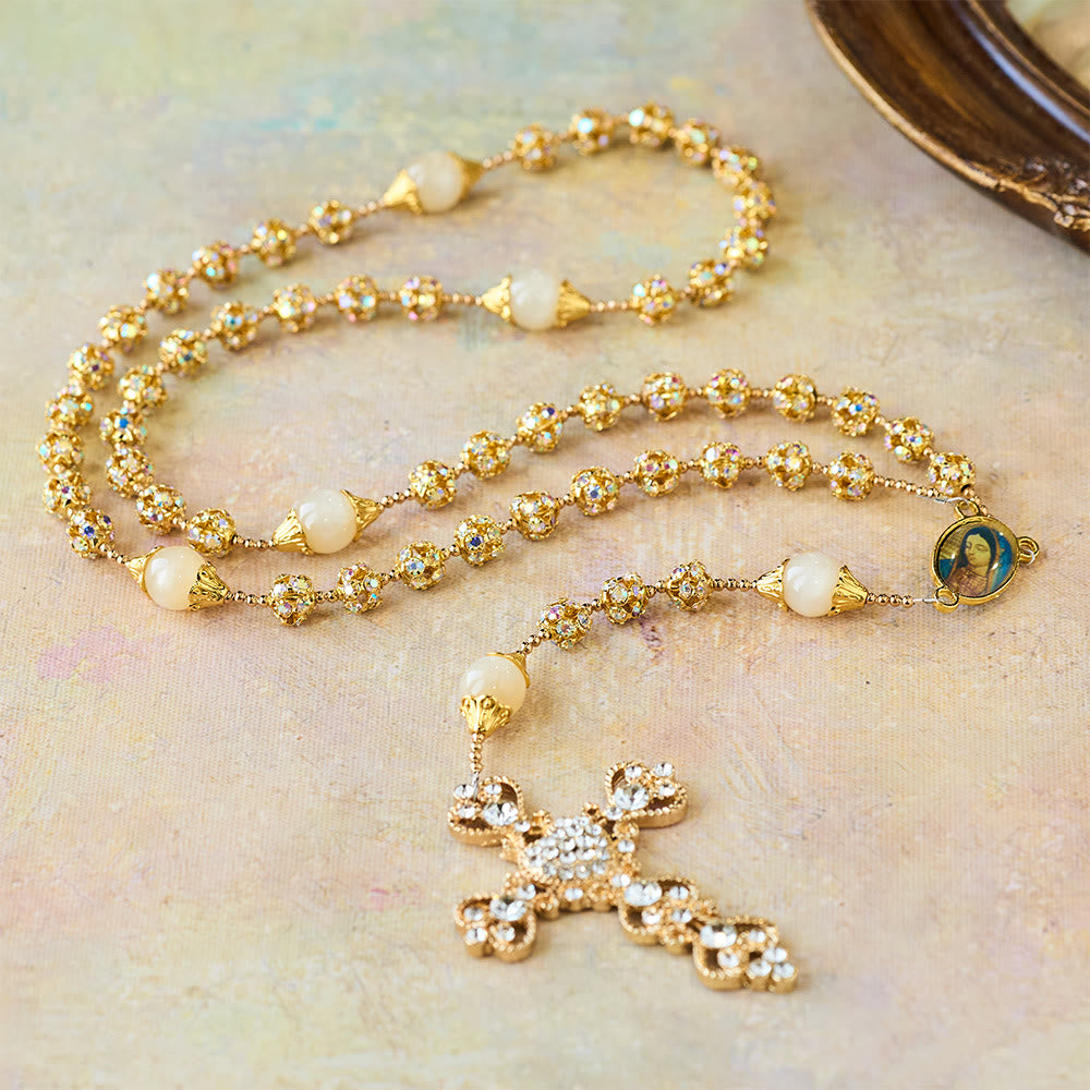 Christianartworkshop Sparkling Golden Beads Luxury Rosary with Our Lady of Grace - image 1