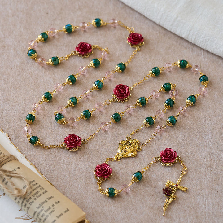 Christianartworkshop Sparkling Green & Pink Beads Red Rose Rosary with Our Lady Charm - Our Lady & Cross - image 0