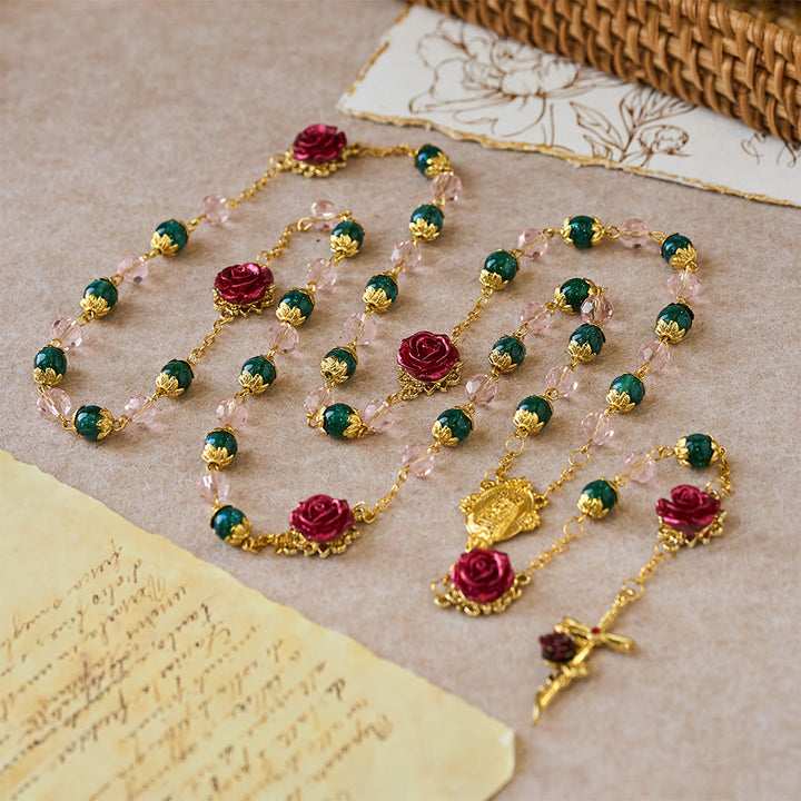 Christianartworkshop Sparkling Green & Pink Beads Red Rose Rosary with Our Lady Charm - image 3