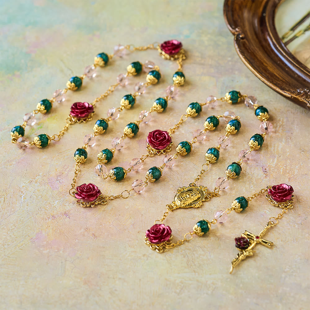 Christianartworkshop Sparkling Green & Pink Beads Red Rose Rosary with Our Lady Charm - image 1