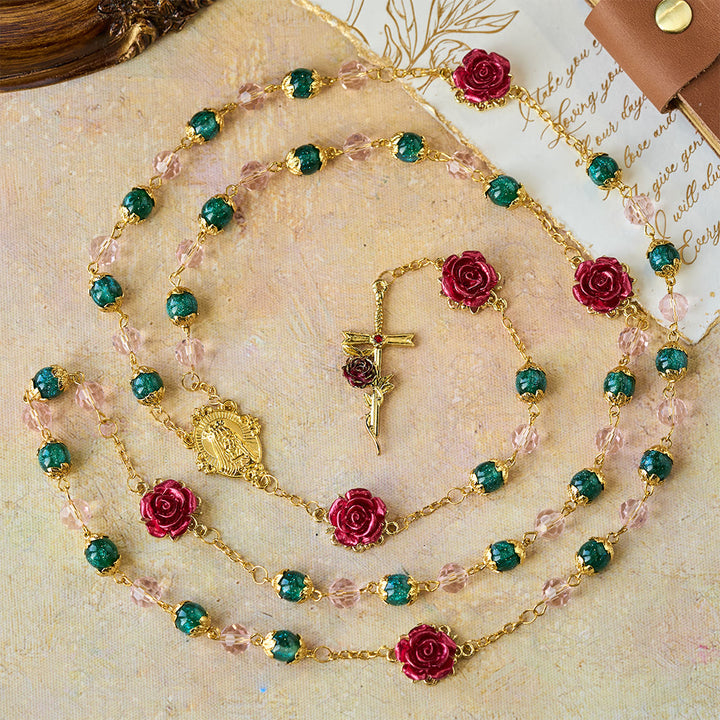 Christianartworkshop Sparkling Green & Pink Beads Red Rose Rosary with Our Lady Charm - image 2