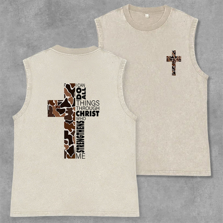 Christianartworkshop I Can Do All Things Through Christ Camo Cross Unisex Washed Tank Top - Beige - 2XL - image 14