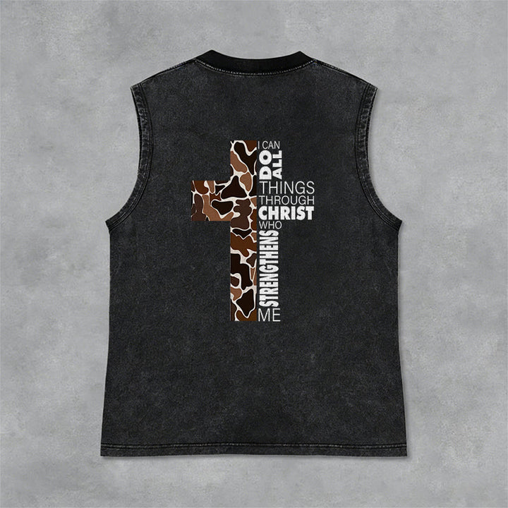 Christianartworkshop I Can Do All Things Through Christ Camo Cross Unisex Washed Tank Top - image 5