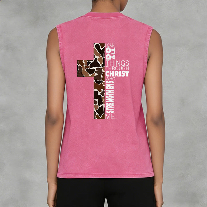 Christianartworkshop I Can Do All Things Through Christ Camo Cross Unisex Washed Tank Top - image 31