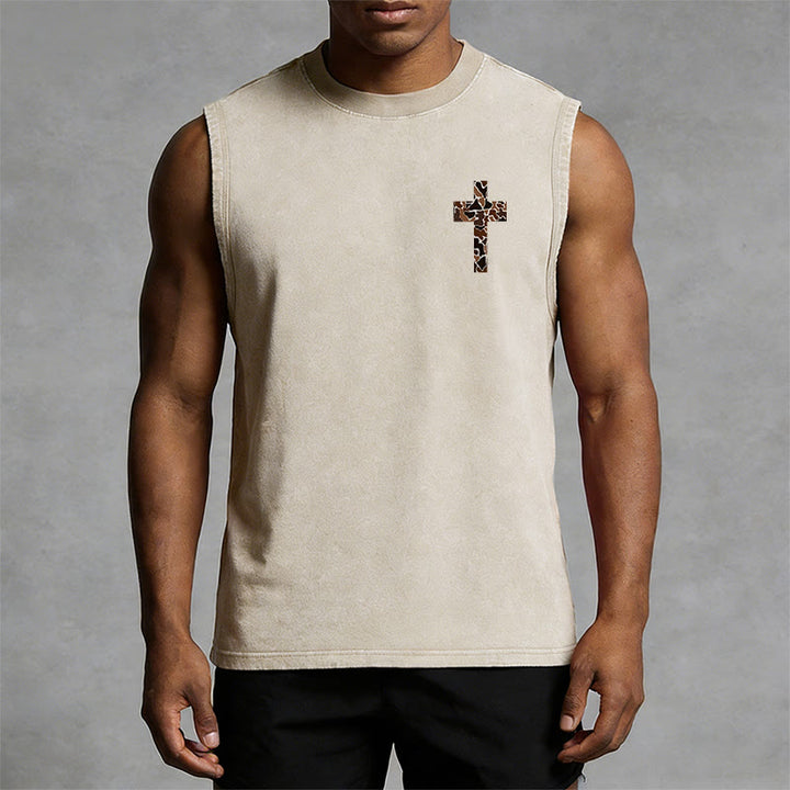 Christianartworkshop I Can Do All Things Through Christ Camo Cross Unisex Washed Tank Top - image 16