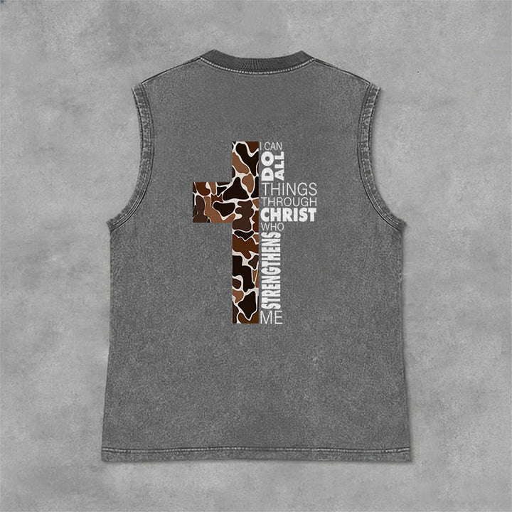 Christianartworkshop I Can Do All Things Through Christ Camo Cross Unisex Washed Tank Top - image 12