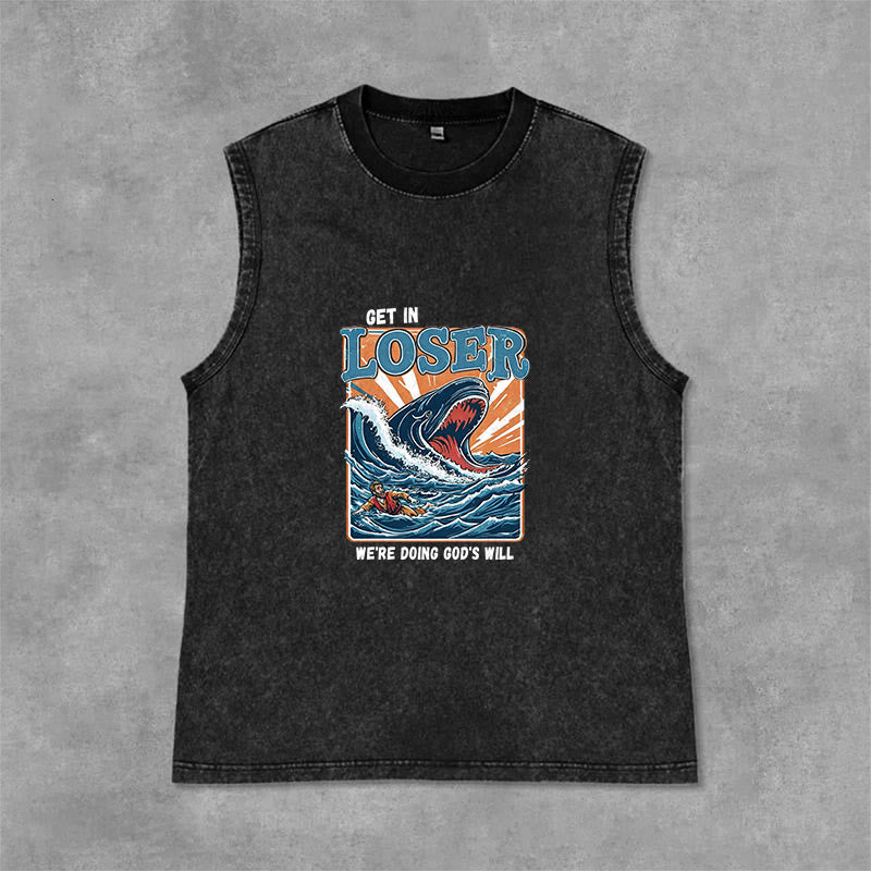 Christianartworkshop Get In Loser We're Doing God's Will Jonah Unisex Washed Tank Top - Black - 2XL - image 3