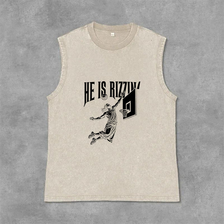 Christianartworkshop He Is Rizzin' Jesus Basketball Unisex Washed Tank Top - Beige - 2XL - image 3