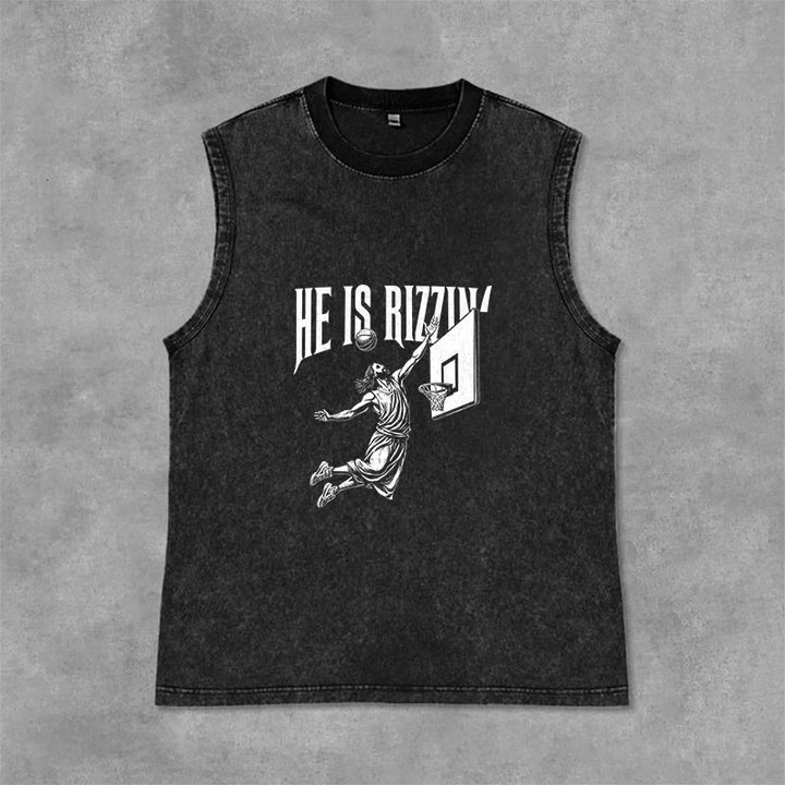 Christianartworkshop He Is Rizzin' Jesus Basketball Unisex Washed Tank Top - Black - 2XL - image 6