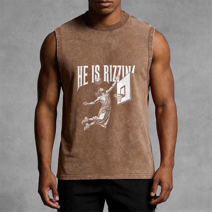 Christianartworkshop He Is Rizzin' Jesus Basketball Unisex Washed Tank Top - image 14