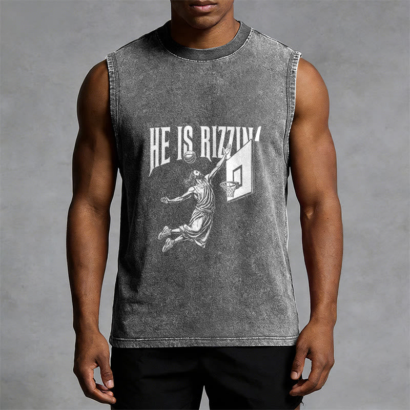 Christianartworkshop He Is Rizzin' Jesus Basketball Unisex Washed Tank Top - image 1