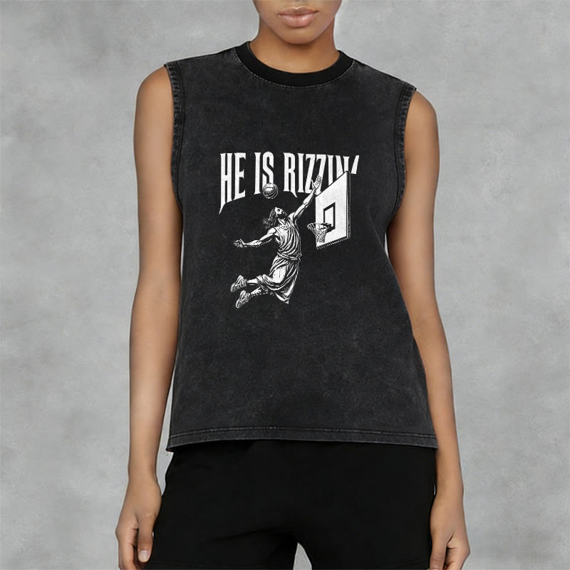 Christianartworkshop He Is Rizzin' Jesus Basketball Unisex Washed Tank Top - image 8