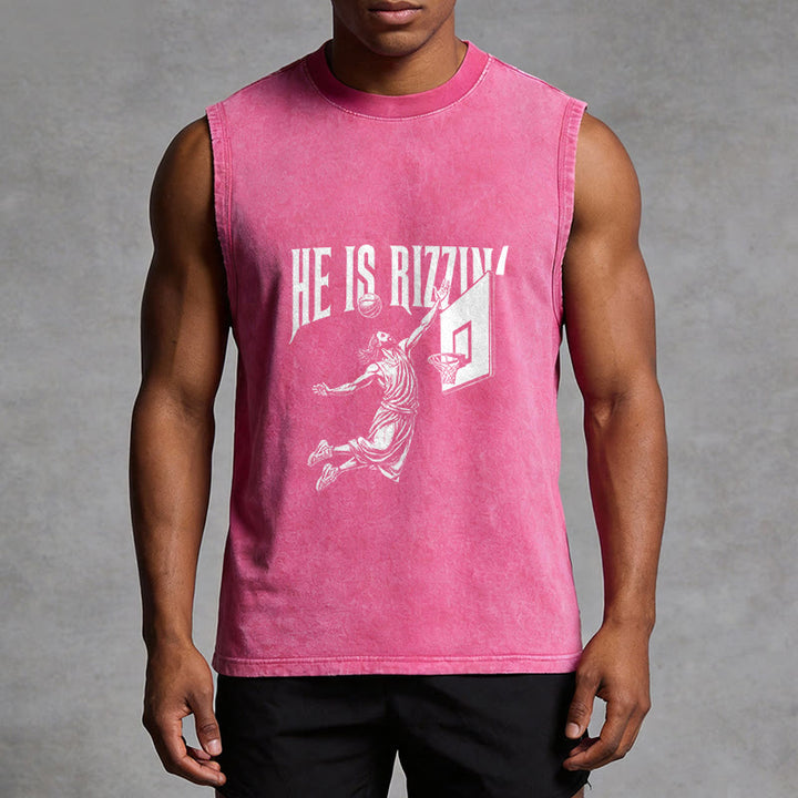 Christianartworkshop He Is Rizzin' Jesus Basketball Unisex Washed Tank Top - image 10