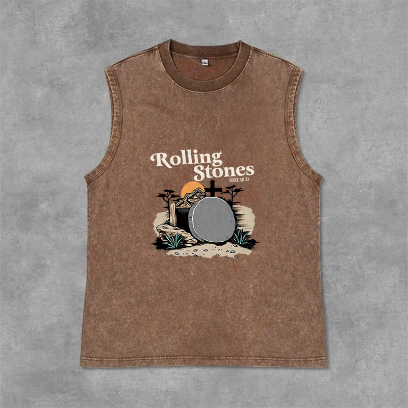 Christianartworkshop He Is Risen Rolling Stones Unisex Washed Tank Top - Brown - 2XL - image 6