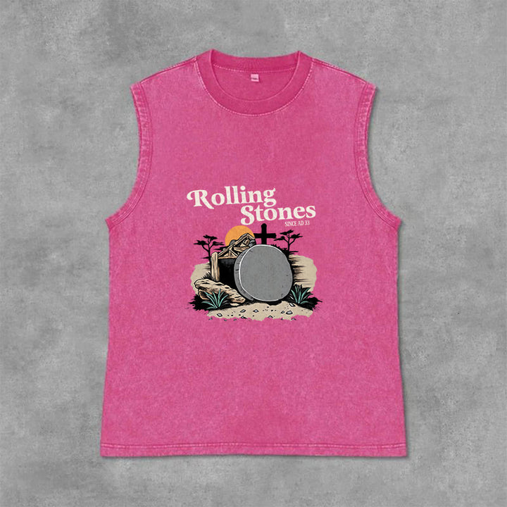 Christianartworkshop He Is Risen Rolling Stones Unisex Washed Tank Top - Pink - 2XL - image 12