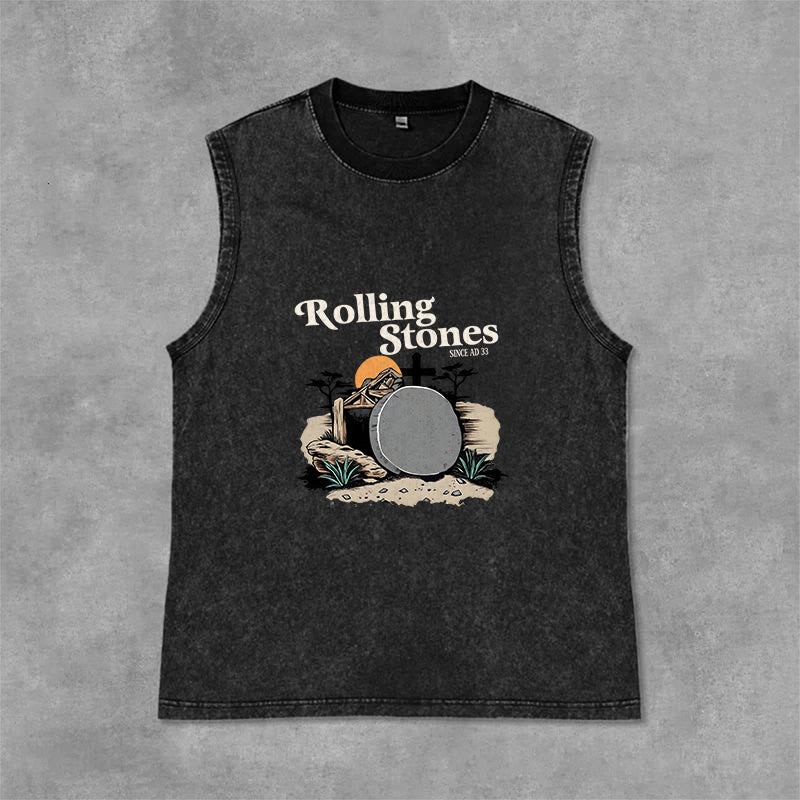 Christianartworkshop He Is Risen Rolling Stones Unisex Washed Tank Top - Black - 2XL - image 0