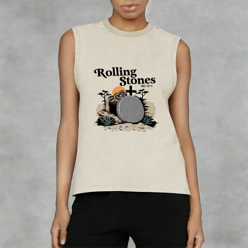 Christianartworkshop He Is Risen Rolling Stones Unisex Washed Tank Top - image 5