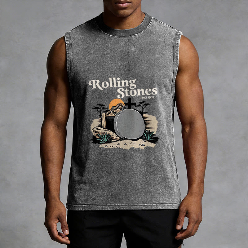 Christianartworkshop He Is Risen Rolling Stones Unisex Washed Tank Top - image 10