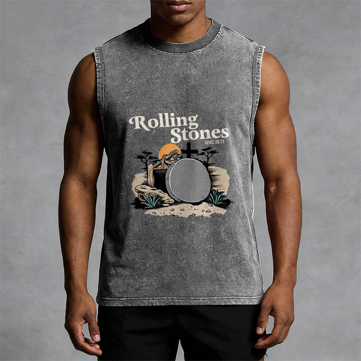 Christianartworkshop He Is Risen Rolling Stones Unisex Washed Tank Top - image 10