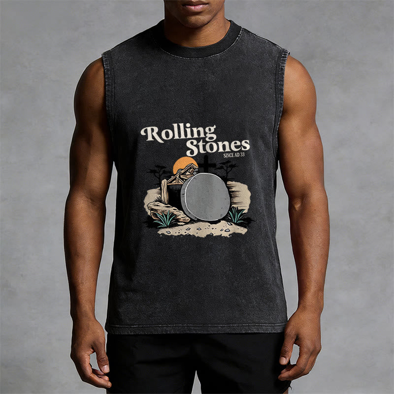 Christianartworkshop He Is Risen Rolling Stones Unisex Washed Tank Top - image 1