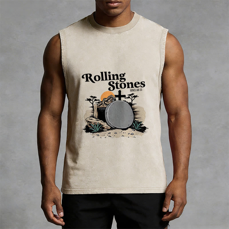 Christianartworkshop He Is Risen Rolling Stones Unisex Washed Tank Top - image 4