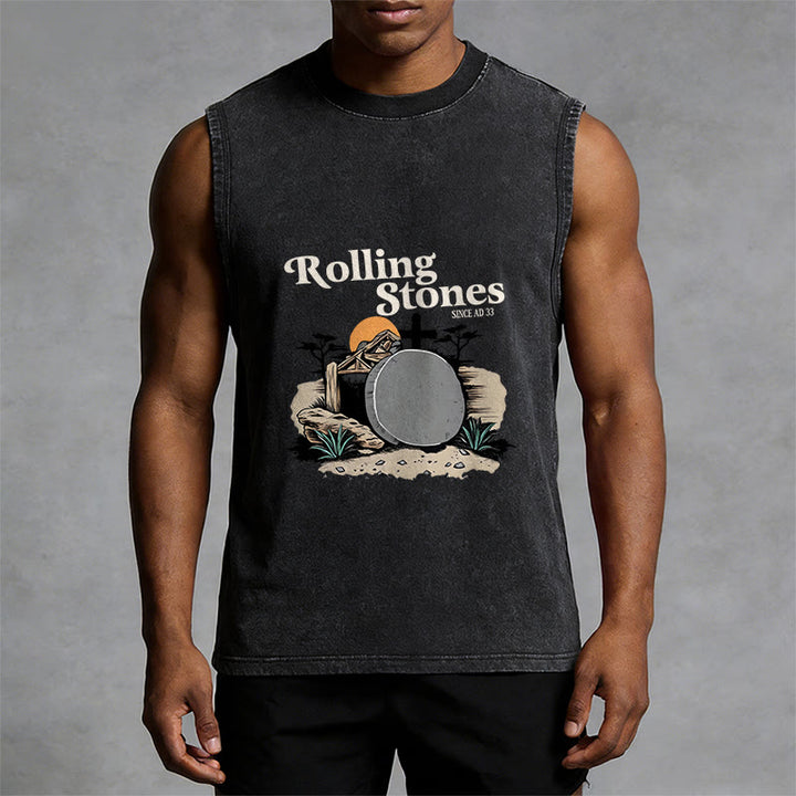 Christianartworkshop He Is Risen Rolling Stones Unisex Washed Tank Top - image 1