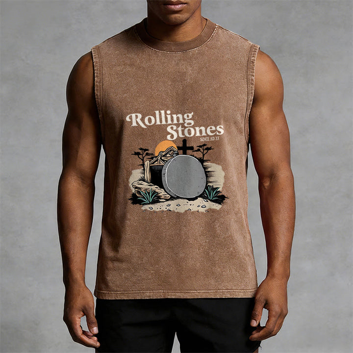 Christianartworkshop He Is Risen Rolling Stones Unisex Washed Tank Top - image 7