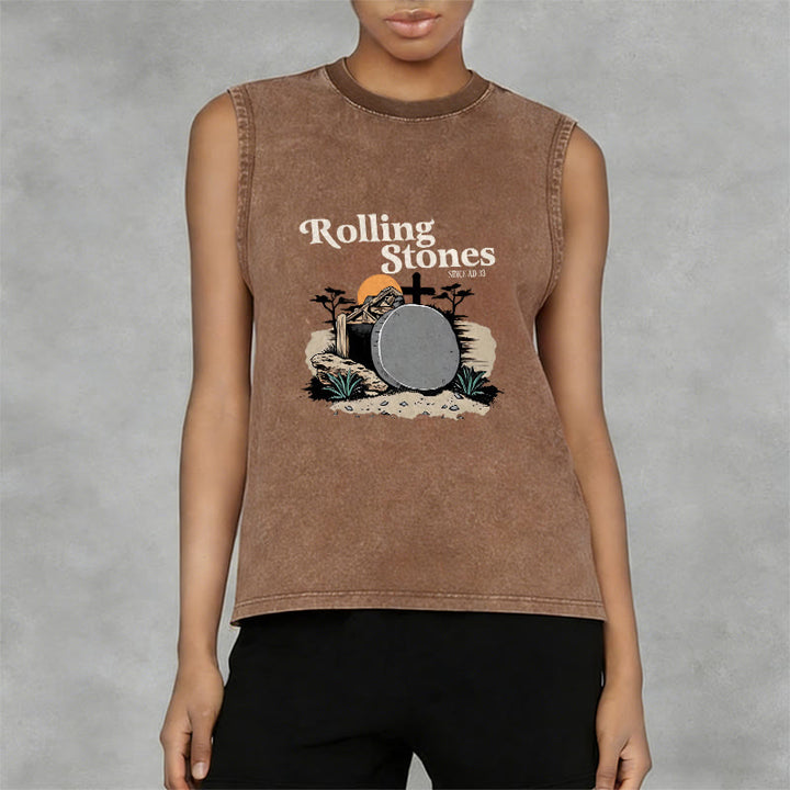 Christianartworkshop He Is Risen Rolling Stones Unisex Washed Tank Top - image 8