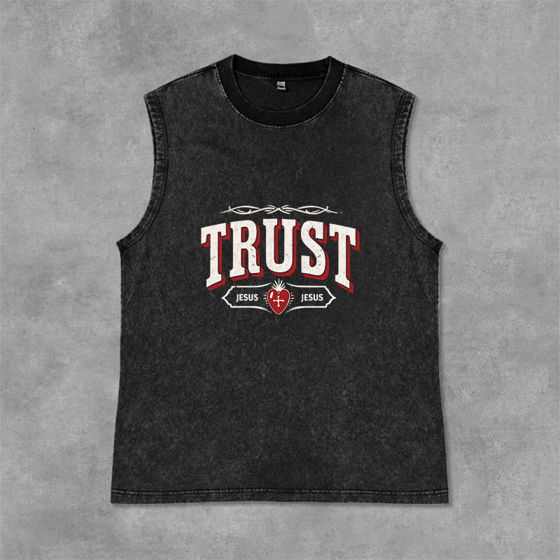 Christianartworkshop Trust Jesus Sacred Heart Unisex Washed Tank Top - Black - 2XL - image 9