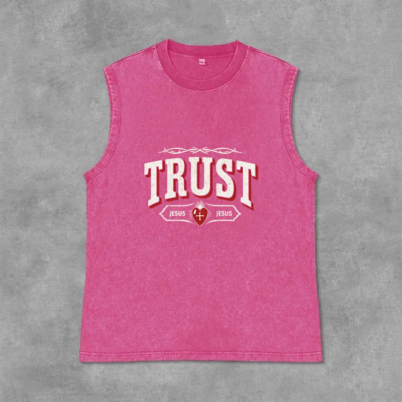Christianartworkshop Trust Jesus Sacred Heart Unisex Washed Tank Top - Pink - 2XL - image 0