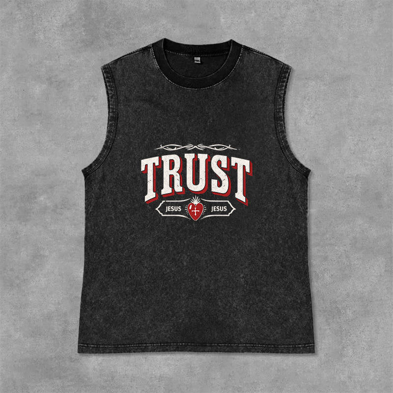 Christianartworkshop Trust Jesus Sacred Heart Unisex Washed Tank Top - Black - 2XL - image 9