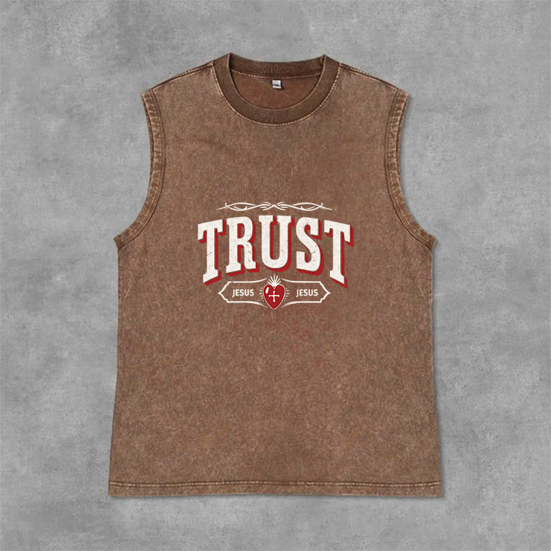 Christianartworkshop Trust Jesus Sacred Heart Unisex Washed Tank Top - Brown - 2XL - image 12