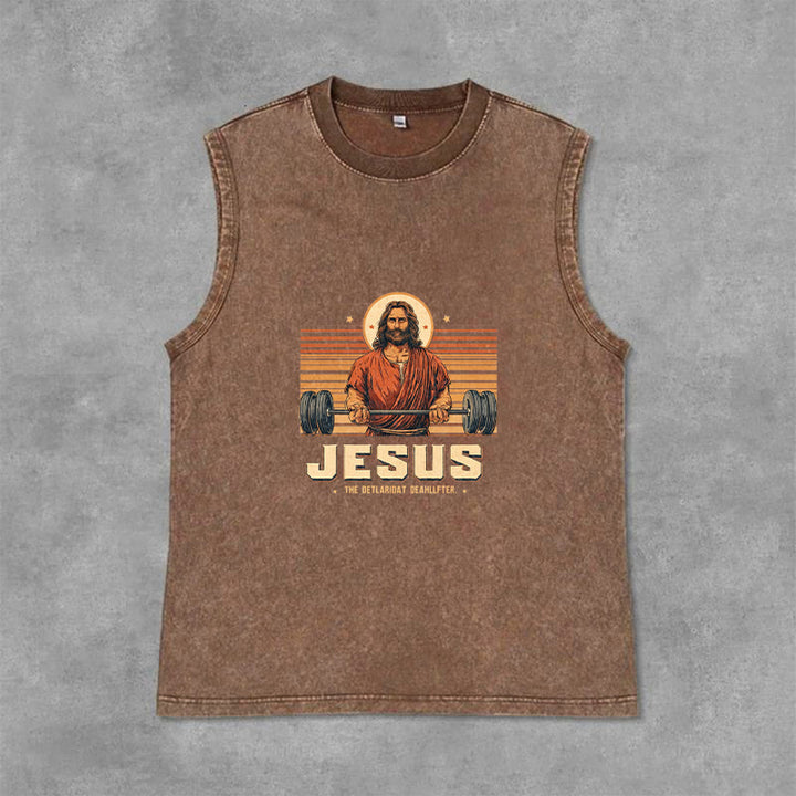 Christianartworkshop Jesus Deadlifter Faith Statement Unisex Washed Tank Top - Brown - 2XL - image 0