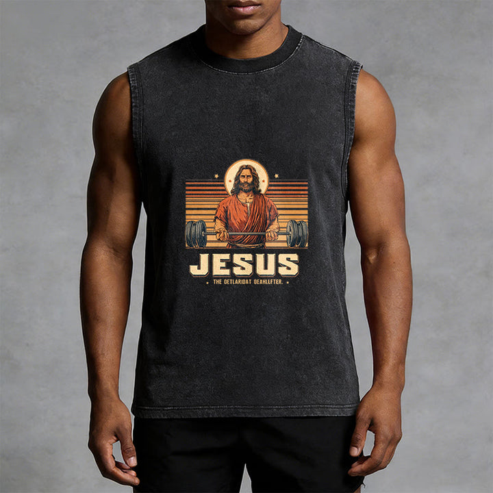 Christianartworkshop Jesus Deadlifter Faith Statement Unisex Washed Tank Top - image 4