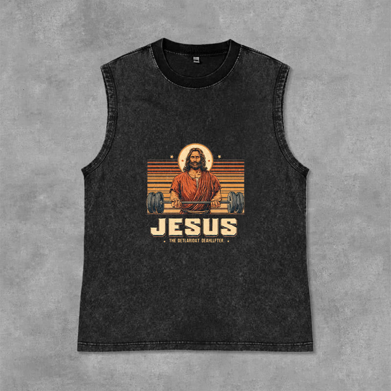 Christianartworkshop Jesus Deadlifter Faith Statement Unisex Washed Tank Top - Black - 2XL - image 3