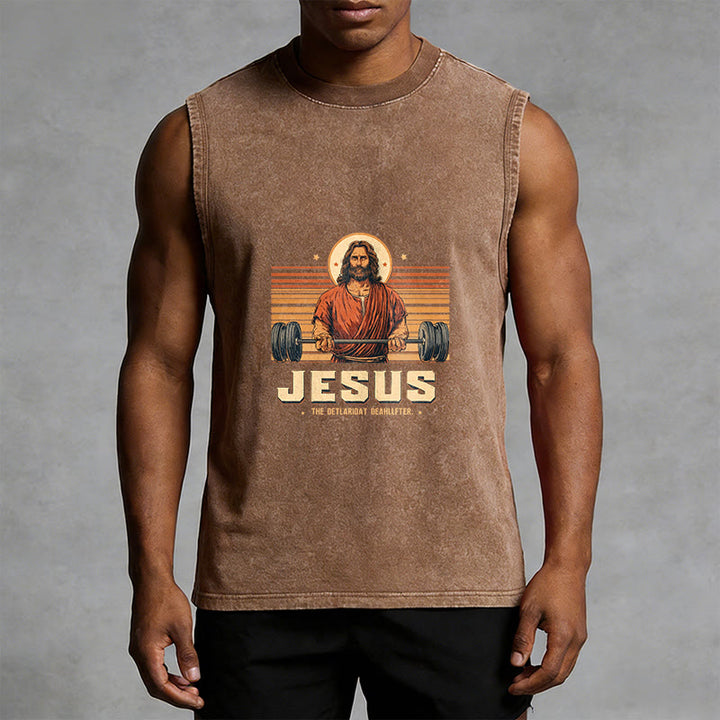 Christianartworkshop Jesus Deadlifter Faith Statement Unisex Washed Tank Top - image 1